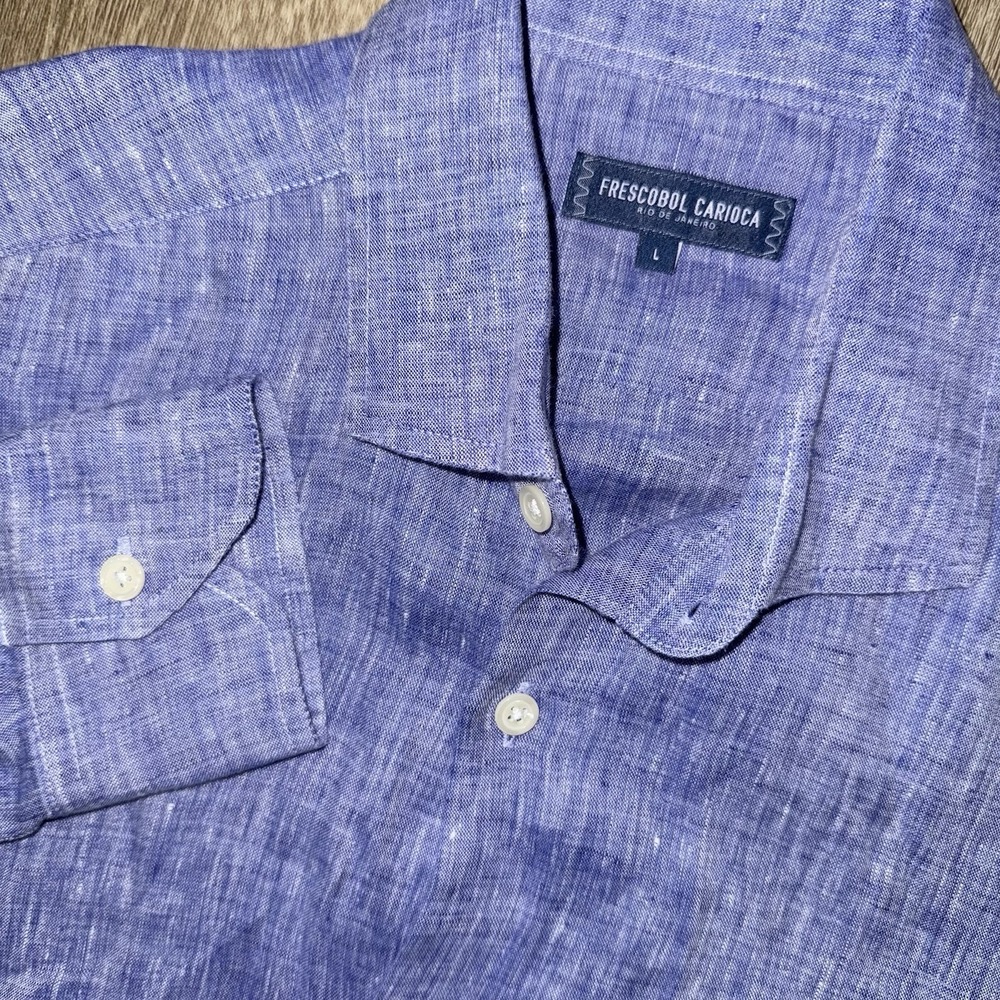 Frescobol Carioca Linen Long Sleeve Button Up Shirt Blue Men's Large Indigo